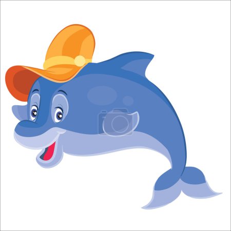 Ilustración de Personaje, lindo delfín azul en sombrero amarillo, ilustración de dibujos animados, objeto aislado sobre fondo blanco, vector, eps - Imagen libre de derechos
