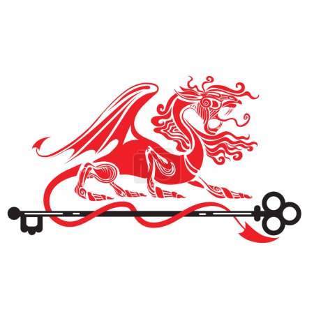 Téléchargez les illustrations : Héraldique, logo, un puissant dragon rouge sur quatre pattes enroulé sa queue autour d'une grande clé et la garde, objet isolé sur fond blanc, illustration vectorielle, eps - en licence libre de droit