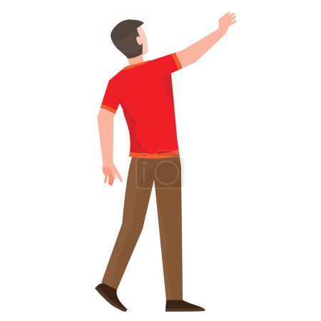 Ilustración de A man in a red t-shirt stands with his back to us and stretches his hand high up, isolated object on a white background, vector illustration, eps - Imagen libre de derechos