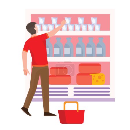 Illustration for A man stands near the department with dairy products and tries to get something from the shelf, flat, isolated object on a white background, vector, eps - Royalty Free Image