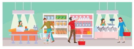 Téléchargez les illustrations : Grocery store with buyers, sellers and products, flat, isolated object on a white background, vector, eps - en licence libre de droit