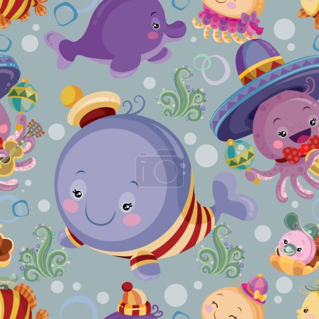 Ilustración de Pattern of cartoon inhabitants of the sea, an octopus in a sombrero, a whale in a cap, vector illustration, eps - Imagen libre de derechos
