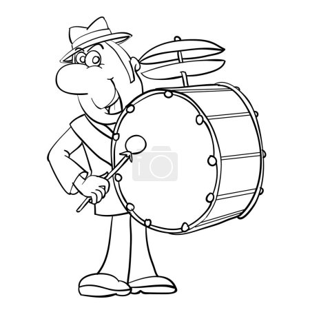 Illustration for Sketch, a man in a hat plays the bass drum, cartoon, illustration on a white background, vector illustration, eps - Royalty Free Image