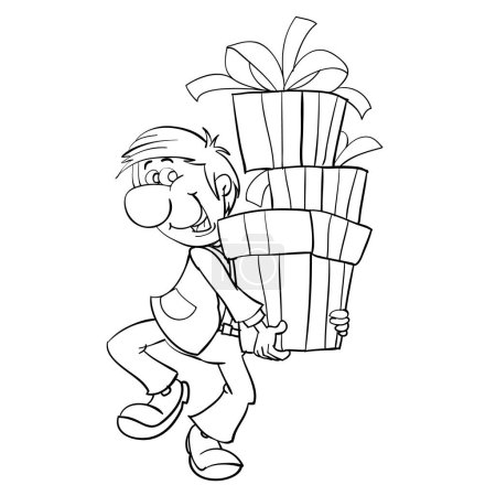 Ilustración de Sketch, a man carries in his hands a lot of boxes with gifts, isolated object on a white background, cartoon illustration, vector, eps - Imagen libre de derechos
