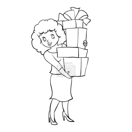 Ilustración de Boceto, una mujer lleva un montón de cajas con regalos en la mano, objeto aislado sobre un fondo blanco, ilustración de dibujos animados, vector, eps - Imagen libre de derechos