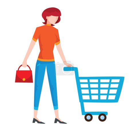 Illustration for A woman in blue jeans and an orange t-shirt with a red small handbag pushing an empty grocery cart in front of her, flat, isolated object on a white background, vector illustration, eps - Royalty Free Image