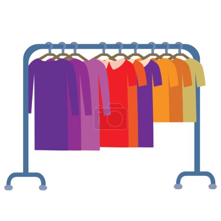 Ilustración de Percha con ropa de colores, vestidos y camisetas, plana, objeto aislado sobre un fondo blanco, ilustración vectorial, eps - Imagen libre de derechos