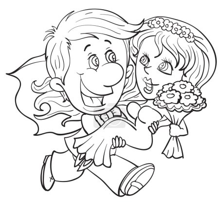 Illustration for Sketch, the groom carries in his arms the bride who has a bouquet of flowers in her hands, cartoon, isolated object on a white background, vector, eps - Royalty Free Image