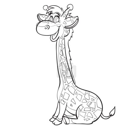 Téléchargez les photos : Croquis, girafe mignonne assise sur ses pattes arrière, livre à colorier, illustration de dessin animé, objet isolé sur fond blanc, vecteur, eps - en image libre de droit