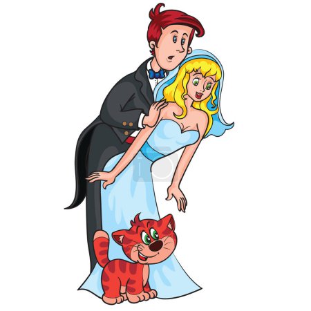 Téléchargez les photos : Illustration de dessin animé, mariés mariés mariés et leur chat rouge, objet isolé sur un fond blanc, vetor, - en image libre de droit