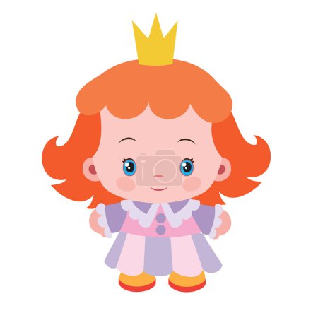 Téléchargez les photos : Illustration de dessin animé, princesse mignonne aux cheveux roux et une petite couronne sur sa tête, objet isolé sur un fond blanc, vecteur, eps - en image libre de droit