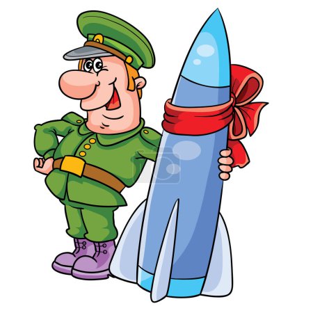 Téléchargez les photos : Un militaire se tient dans une étreinte avec une bombe sur laquelle un arc rouge est attaché, dessin animé, objet isolé sur fond blanc, illustration vectorielle, eps - en image libre de droit