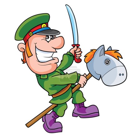 Illustration for Military man riding a toy stick horse and waving a saber, cartoon, isolated object on a white background, vector illustration, eps - Royalty Free Image