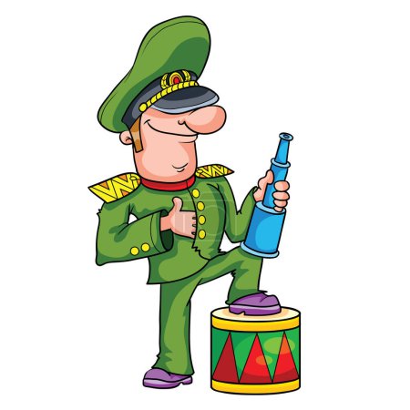 Téléchargez les photos : Un général dans une grande casquette mettre son pied sur le tambour et tient une bouteille de champagne dans ses mains, dessin animé, objet isolé sur un fond blanc, illustration vectorielle, eps - en image libre de droit