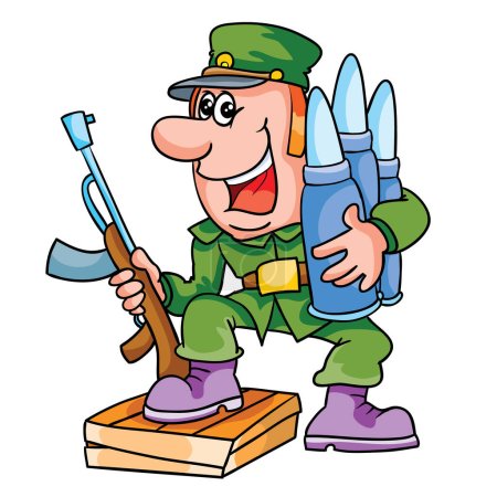 Ilustración de Soldado militar sostiene un arma en sus manos y abraza balas grandes, caricatura, objeto aislado sobre un fondo blanco, ilustración vectorial, eps - Imagen libre de derechos