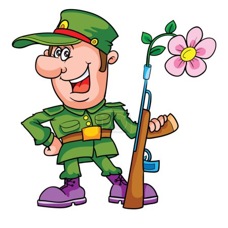 Ilustración de Un militar se para con una pistola del cañón de la que sobresale una flor, dibujos animados, objeto aislado sobre un fondo blanco, ilustración vectorial, eps - Imagen libre de derechos