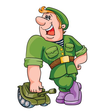 Illustration for A large military man leans his hand on a small tank, cartoon, isolated object on a white background, vector illustration, eps - Royalty Free Image