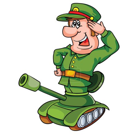 Ilustración de Un gran militar sobresale de un pequeño tanque, caricatura, objeto aislado sobre un fondo blanco, ilustración vectorial, eps - Imagen libre de derechos