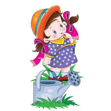 Illustration for Cute girl with ponytails and a hat, looks up with interest, next to her stands a watering can with water, isolated object on a white background, vector illustration, eps - Royalty Free Image