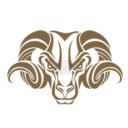 Illustration for The image shows a stylized graphic drawing of a ram's head. The design is symmetrical, with expressive curved horns and features that suggest a strong, focused expression. This image may be relevant as a logo, emblem or representation of strength and - Royalty Free Image