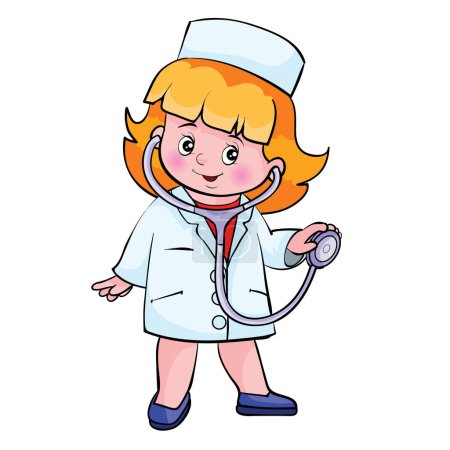 Téléchargez les photos : L'image montre un personnage de dessin animé d'un enfant portant un uniforme médical, y compris un manteau blanc et une casquette d'infirmière, tenant un stéthoscope. Le personnage a les cheveux orange, joues roses et sourires - en image libre de droit