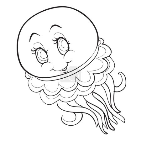 Illustration for Line drawing of a stylized jellyfish with a smiling face and detailed, patterned tentacles. - Royalty Free Image
