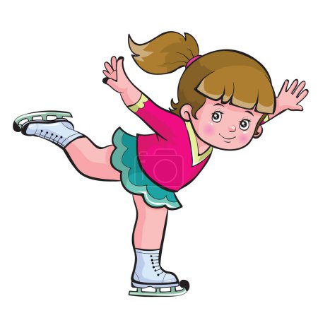 young figure skater in cartoon style. The figure skater is wearing ice skates, a pink top, a green skirt and has brown hair in a ponytail. The figure skater's arms are extended and one leg is raised back, indicating movement or figure skating