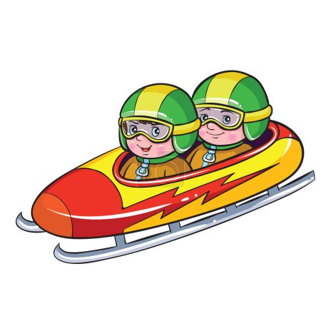 Illustration for Two cartoon characters wearing green helmets with goggles, sitting in a red and yellow bobsled with a lightning bolt design on the side. The bobsleigh is mounted on two gray metal runners to glide across the ice. This image can be relevant or interes - Royalty Free Image