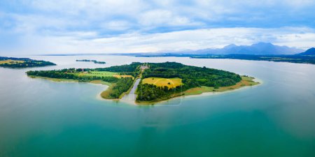 Herreninsel aerial panoramic view, it is the largest island in the Chiemsee lake in southern Bavaria, Germany