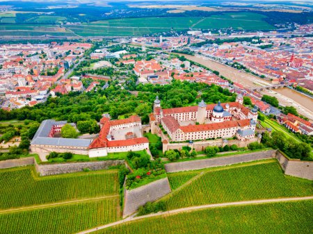 Marienberg Fortress aerial panoramic view in Wurzburg old town. Wurzburg or Wuerzburg is a city in Franconia region of Bavaria state, Germany.