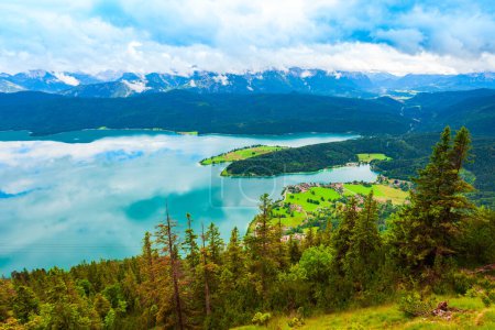 Walchensee aerial panoramic view from Herzogstand viewpoint. Walchensee or Lake Walchen is one of the deepest and largest alpine lakes in Germany.