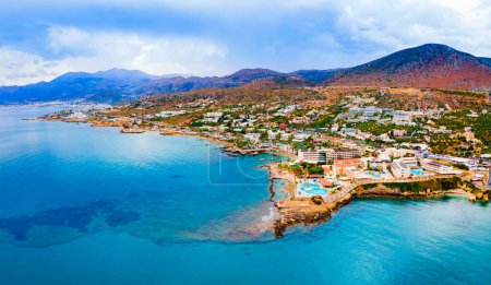 Hersonissos town aerial panoramic view. Hersonissos or Chersonissos is a town in the north of Crete island in Greece.