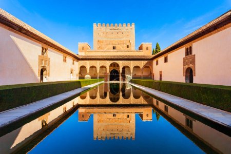 The Court of the Myrtles is the central part of the Comares Palace inside the Alhambra palace complex in Granada, Spain