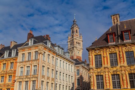 Foto de Francia, Nord, Lille, detalle de La Vieille Bourse y campanario de la Cámara de Comercio - Imagen libre de derechos