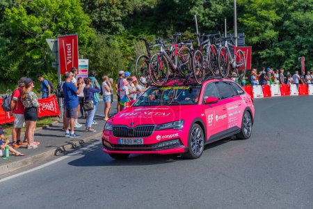 Photo for Bayonne, France: Car of racing team EF Education Easypost of Tour de France in the 3 stage of "Le Tour de France" in Bayonne, Basque Country. France. - Royalty Free Image