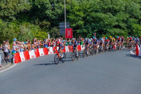 Photo for Bayonne, France: The peloton fighting for the sprint in the 3 stage of "Le Tour de France" in Bayonne, Basque Country. France. - Royalty Free Image