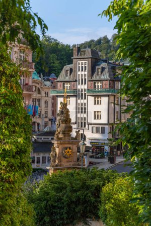 Photo for Karlovy Vary, Czech Republic. View of street with colorful riverfront houses in Czech famous spa city. Romantic architecture of Bohemia. Urban scene - Royalty Free Image