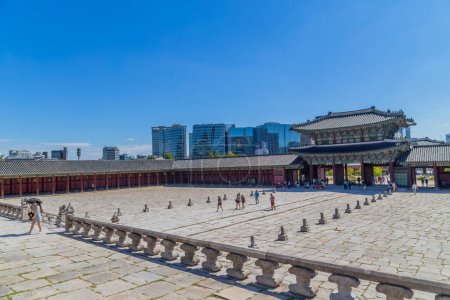 Photo for Seoul, South Korea: Geunjeongjeon the Throne Hall at the Gyeongbokgung Palace the main royal palace of the Joseon dynasty in Seoul, South Korea - Royalty Free Image