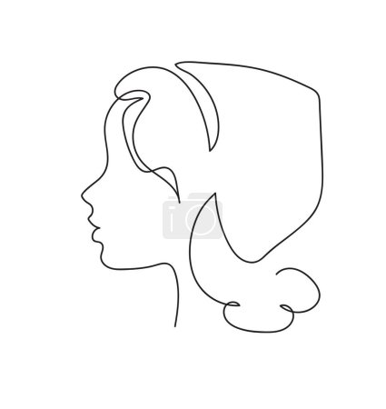 Foto de Perfil de chica con el pelo largo en un sombrero. Retrato concepto de belleza femenina. Línea continua dibujo vector ilustración - Imagen libre de derechos