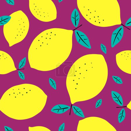 Foto de Patrón sin costuras con limones. Cítricos textura moderna amarillo púrpura fondo. ilustración gráfica vectorial abstracta. - Imagen libre de derechos