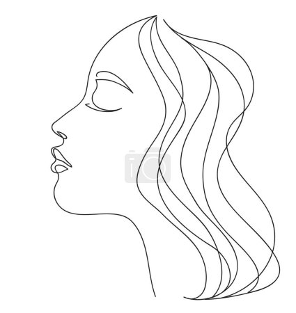 Foto de Perfil de mujer con pelo largo. Retrato concepto de belleza femenina. Línea continua dibujo vector ilustración - Imagen libre de derechos