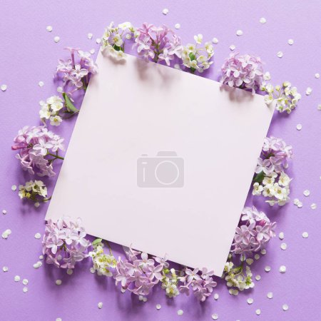 Foto de Maqueta de tarjeta de regalo púrpura. Composición floral decorativa con flores lila y Spiraea, pétalos de flores blancas sobre papel morado. Asiento plano, vista superior. Feliz día de la madre, boda, estilo cumpleaños. Cuadrado. - Imagen libre de derechos