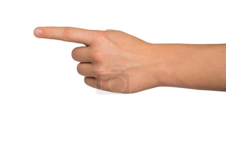 Foto de Mano masculina con el dedo índice apuntando a algo. Aislado sobre fondo blanco - Imagen libre de derechos