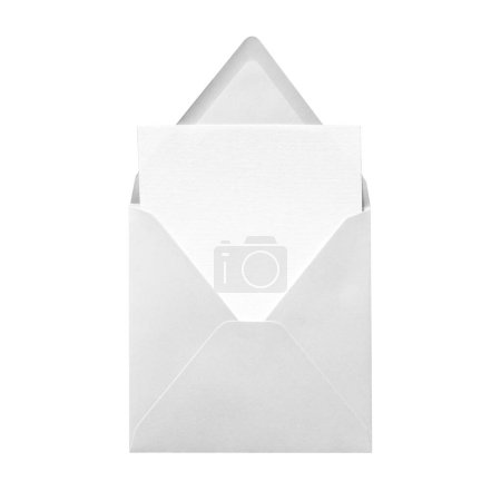 Foto de Envolvente gris cuadrado abierto con tarjeta en blanco. Aislado sobre fondo blanco - Imagen libre de derechos