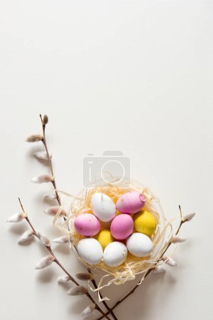 Foto de Easter minimalist concept with easter eggs in a nest and Spring pussy willow branches. Delicate pastel empty background with copy space. Vertical photo - Imagen libre de derechos