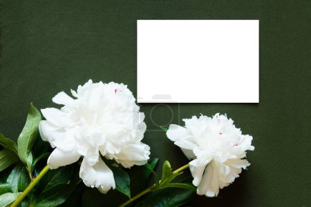 Dos peonías blancas con tarjeta vacía en blanco sobre fondo verde oscuro