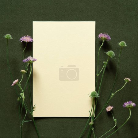 Ramo de flores de scabiosa con tarjeta vacía en blanco sobre fondo verde oscuro