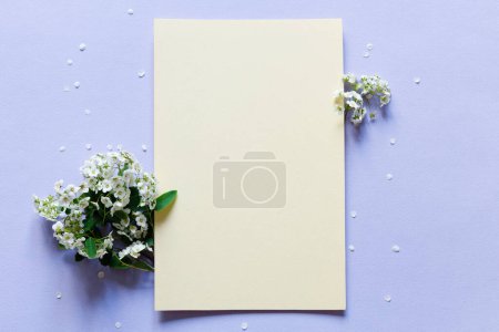 Téléchargez les photos : Maquette feuille de papier vierge avec des fleurs blanches, vue du dessus, modèle carte vide plat avec espace de copie - en image libre de droit