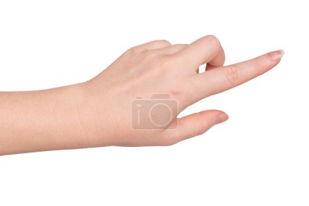 Téléchargez les photos : Pointing gesture. Woman's hand with index finger pointing to something. isolated on white background - en image libre de droit