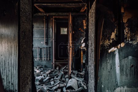 Photo for Train after fire. Burnt interior of passenger carriage. Consequences of fire or war. - Royalty Free Image